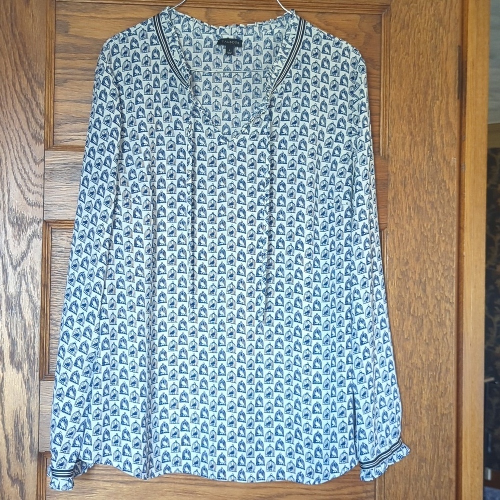 Talbots Grosgrain-Trim Crinkle Long Sleeve Drawstring Blouse Bird Print Size L - Picture 3 of 9